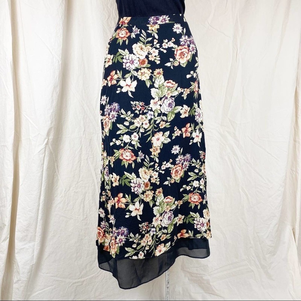 Vintage 90s Floral Romantic Flowers Silk High Rise Black Lined Midi Skirt